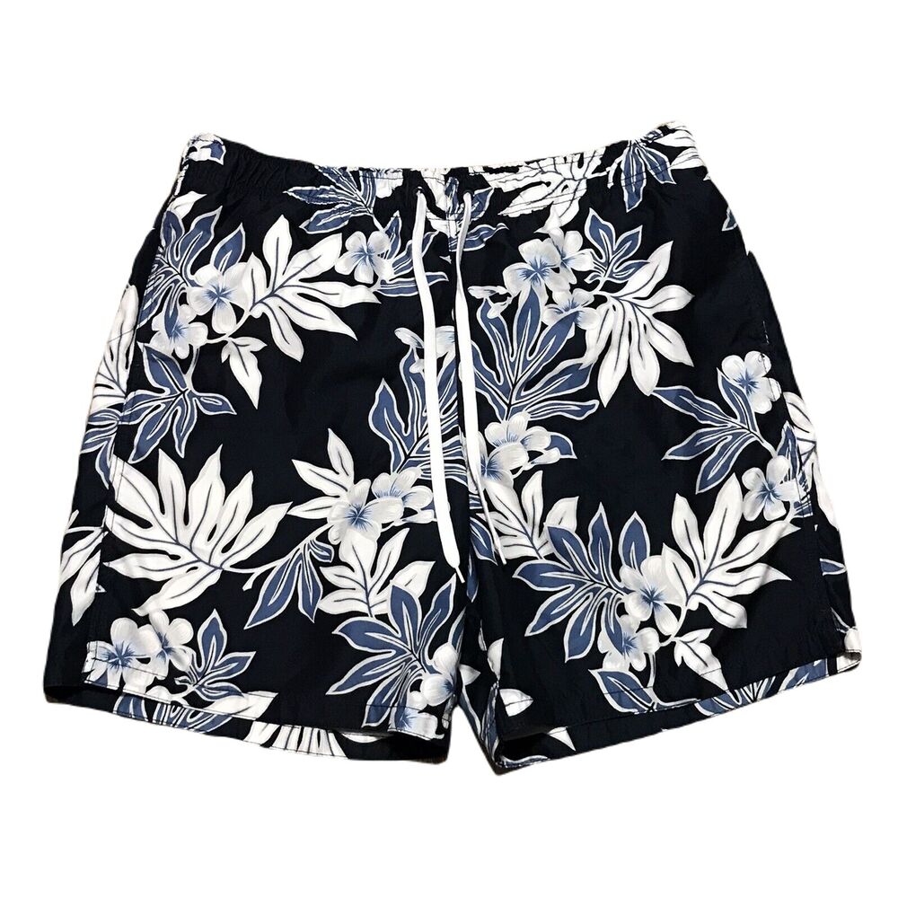 Merona Swim Trunks ~ Sz XL ~ Dark Blue & White ~ Draw Strings ~ Floral